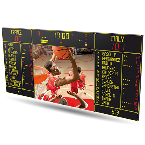 FIBA Level 1-certified scoreboard with integrated video
