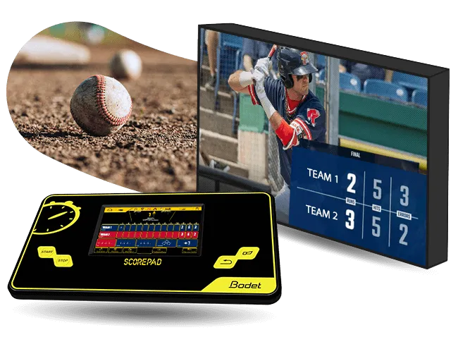 Resultados en una pantalla gigante dedicada a las reglas del béisbol y el softball
