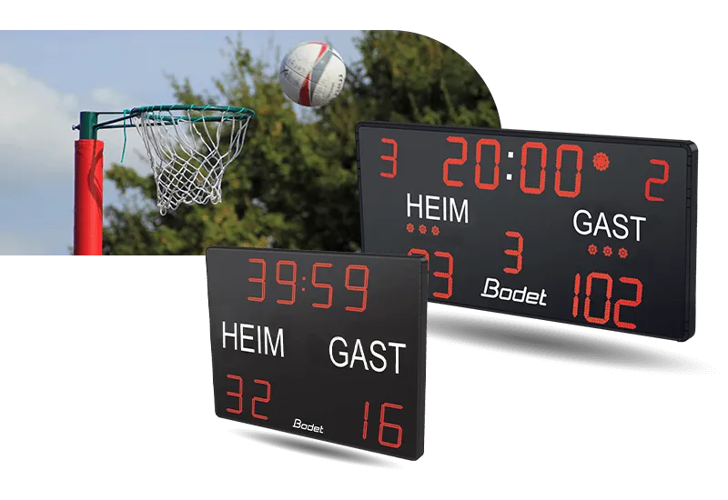 Die an das Netball-Spiel angepassten Spielstandsanzeigen von Bodet Sport