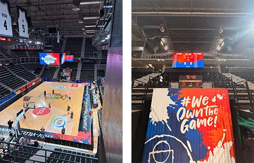 Tableau d'affichage de score Bodet Sport 76-48 lors d'un match international de basket.